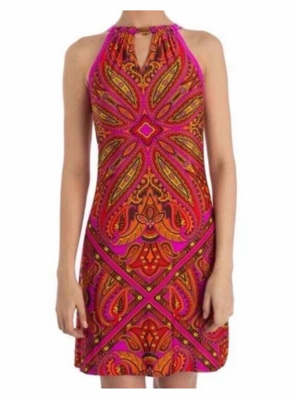 Cache Vintage Y2K Pink Orange Paisley Halter Sheath Dress Medium Cocktail Floral